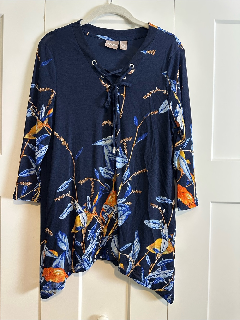 Chico's Navy Floral Lace-Up Tunic with Orange Accents